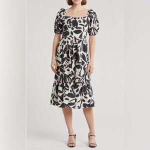 NWT Eliza J Black & Ivory Puff Sleeve Midi Dress